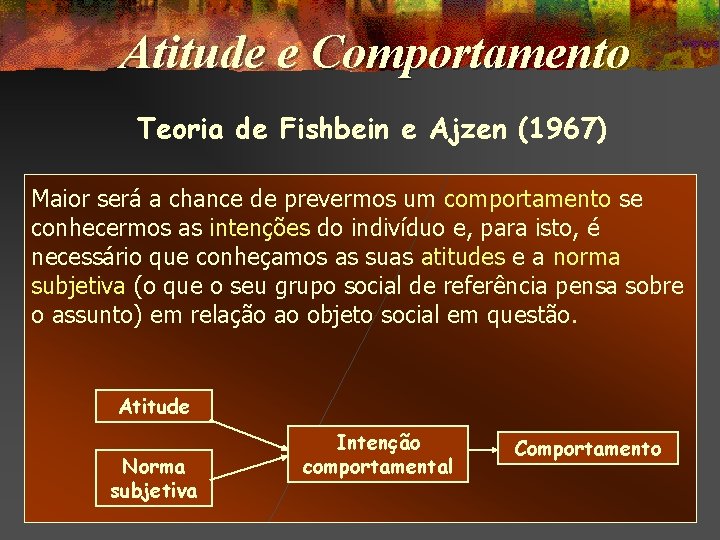 Atitude e Comportamento Teoria de Fishbein e Ajzen (1967) Maior será a chance de