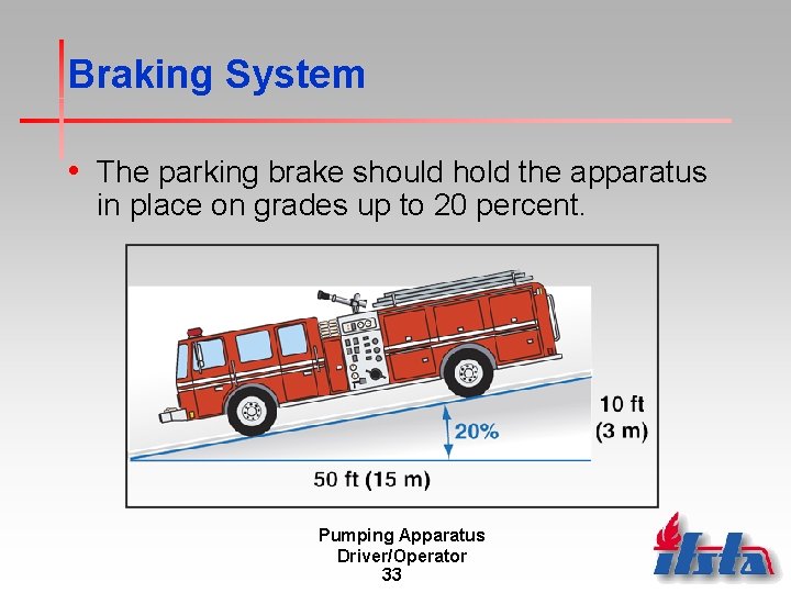 Braking System • The parking brake should hold the apparatus in place on grades Braking System • The parking brake should hold the apparatus in place on grades