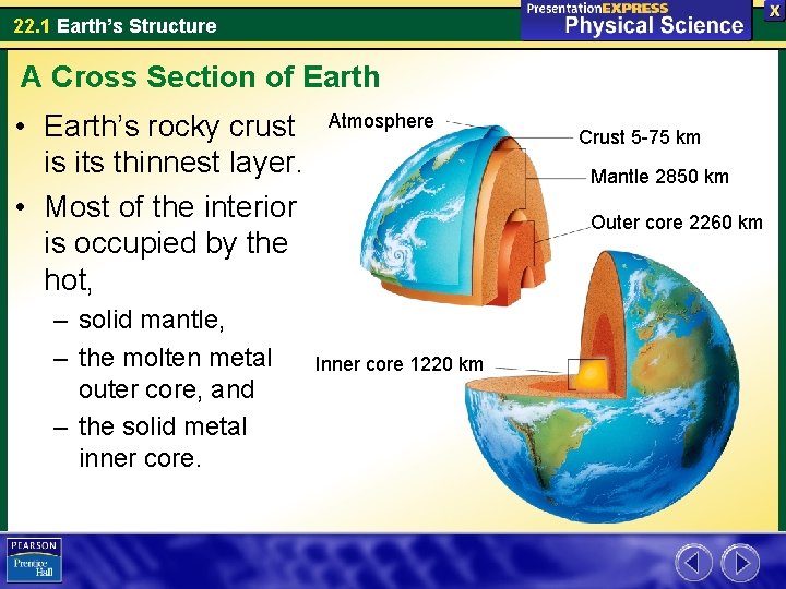 22. 1 Earth’s Structure A Cross Section of Earth • Earth’s rocky crust is