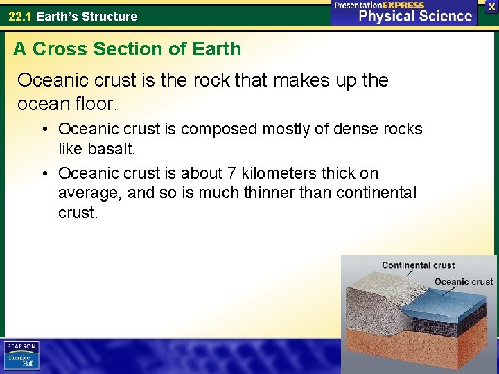 22. 1 Earth’s Structure A Cross Section of Earth Oceanic crust is the rock