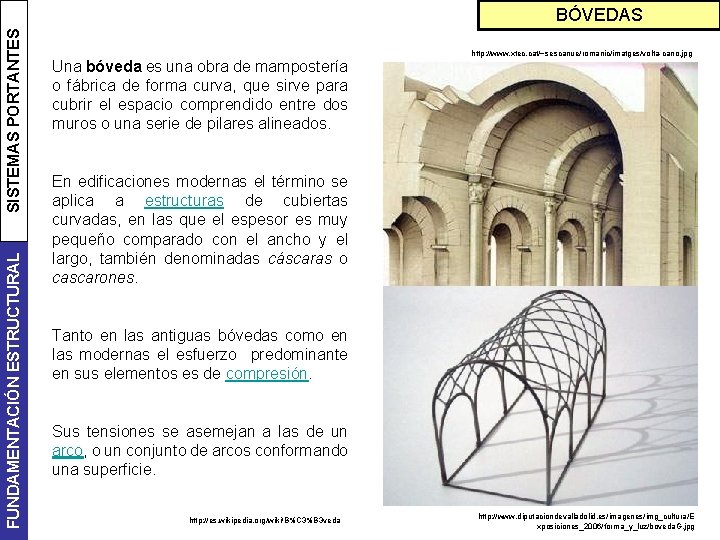 FUNDAMENTACIÓN ESTRUCTURAL SISTEMAS PORTANTES BÓVEDAS Una bóveda es una obra de mampostería o fábrica