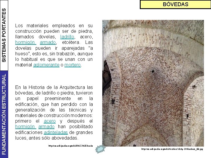 FUNDAMENTACIÓN ESTRUCTURAL SISTEMAS PORTANTES BÓVEDAS Los materiales empleados en su construcción pueden ser de