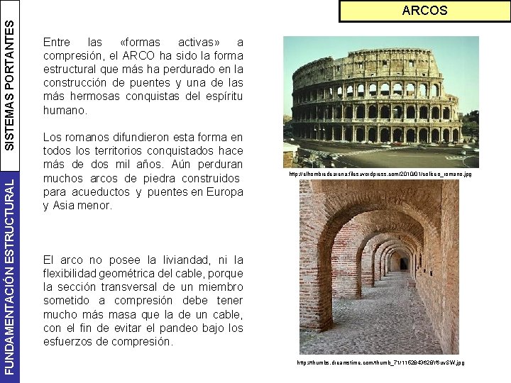 FUNDAMENTACIÓN ESTRUCTURAL SISTEMAS PORTANTES ARCOS Entre las «formas activas» a compresión, el ARCO ha