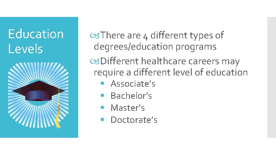 Education Levels There are 4 different types of degrees/education programs Different healthcareers may require