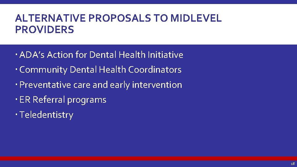 ALTERNATIVE PROPOSALS TO MIDLEVEL PROVIDERS ADA’s Action for Dental Health Initiative Community Dental Health