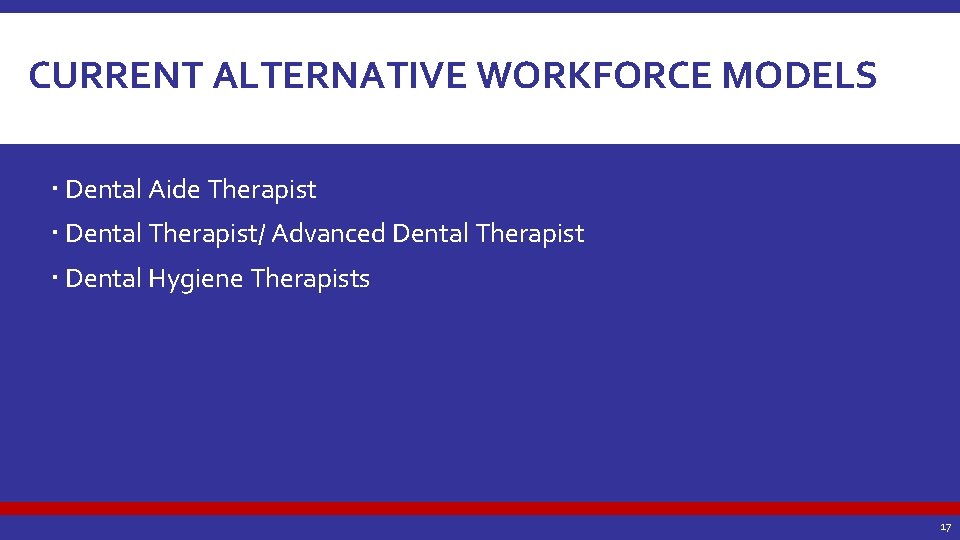 CURRENT ALTERNATIVE WORKFORCE MODELS Dental Aide Therapist Dental Therapist/ Advanced Dental Therapist Dental Hygiene