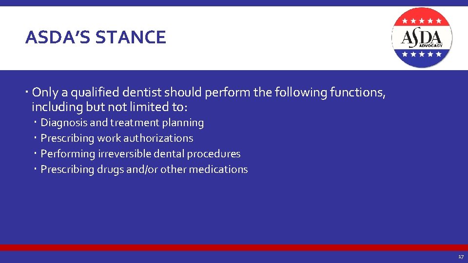 ASDA’S STANCE Only a qualified dentist should perform the following functions, including but not