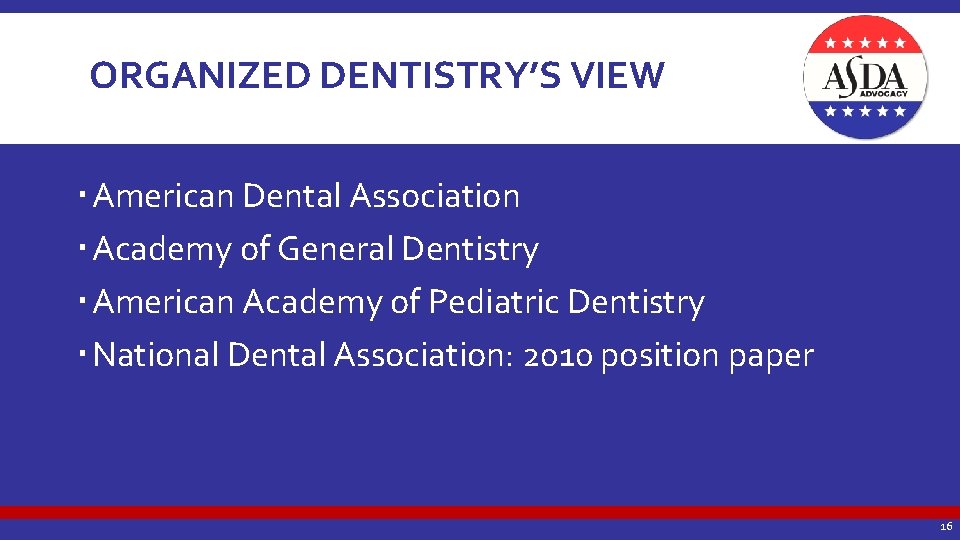 ORGANIZED DENTISTRY’S VIEW American Dental Association Academy of General Dentistry American Academy of Pediatric