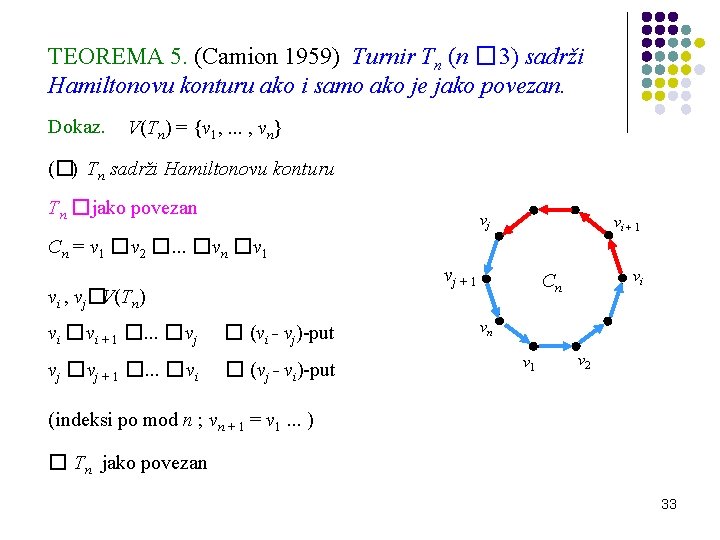 TEOREMA 5. (Camion 1959) Turnir Tn (n � 3) sadrži Hamiltonovu konturu ako i