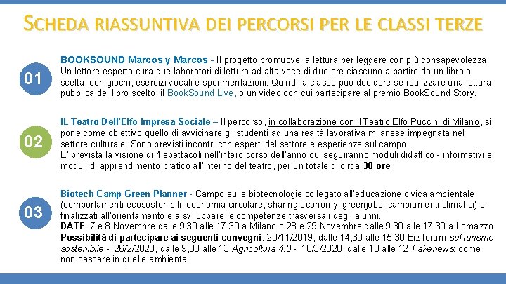 SCHEDA RIASSUNTIVA DEI PERCORSI PER LE CLASSI TERZE BOOKSOUND Marcos y Marcos - Il