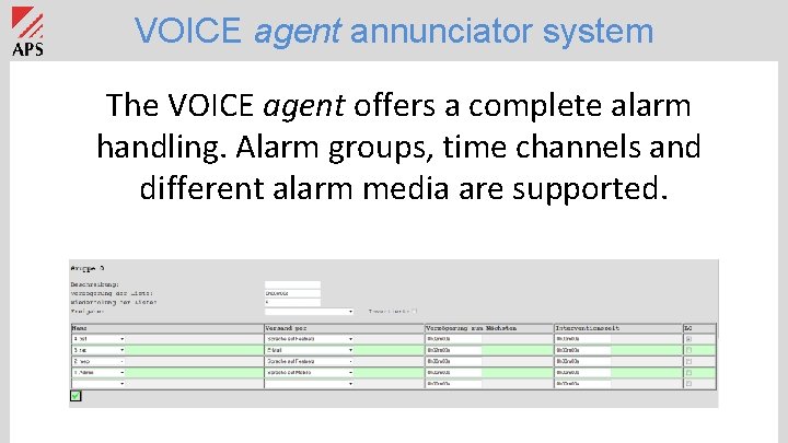 VOICE agent annunciator system The VOICE agent offers a complete alarm handling. Alarm groups,