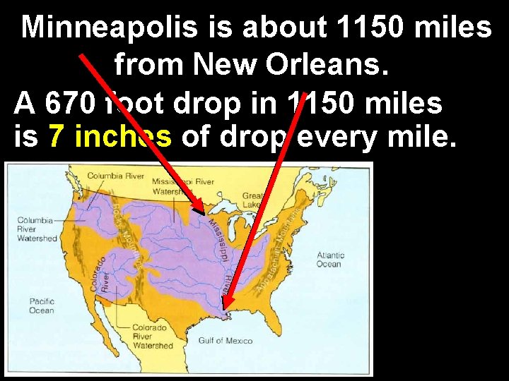 Minneapolis is about 1150 miles from New Orleans. A 670 foot drop in 1150