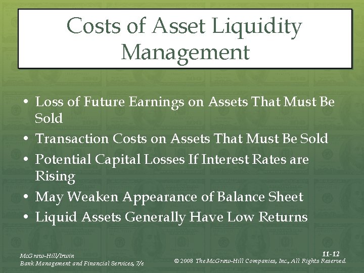 Costs of Asset Liquidity Management • Loss of Future Earnings on Assets That Must