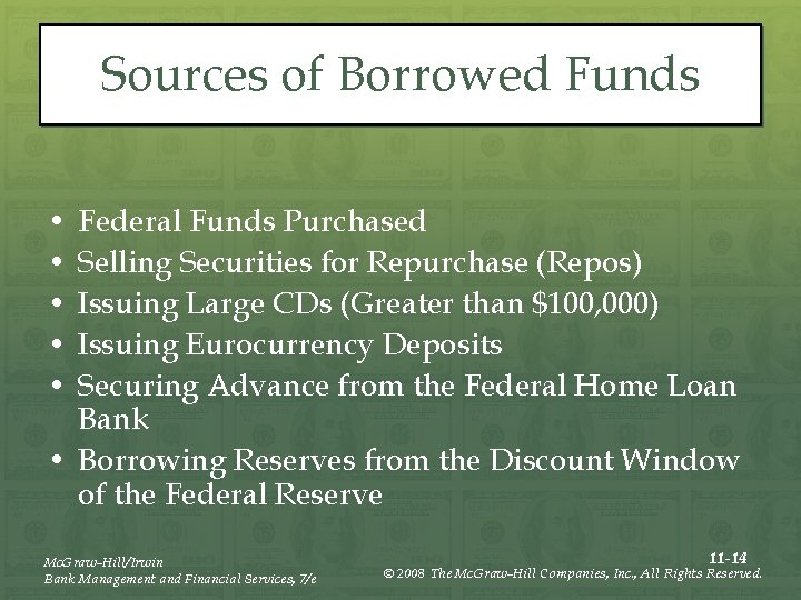 Sources of Borrowed Funds • • • Federal Funds Purchased Selling Securities for Repurchase