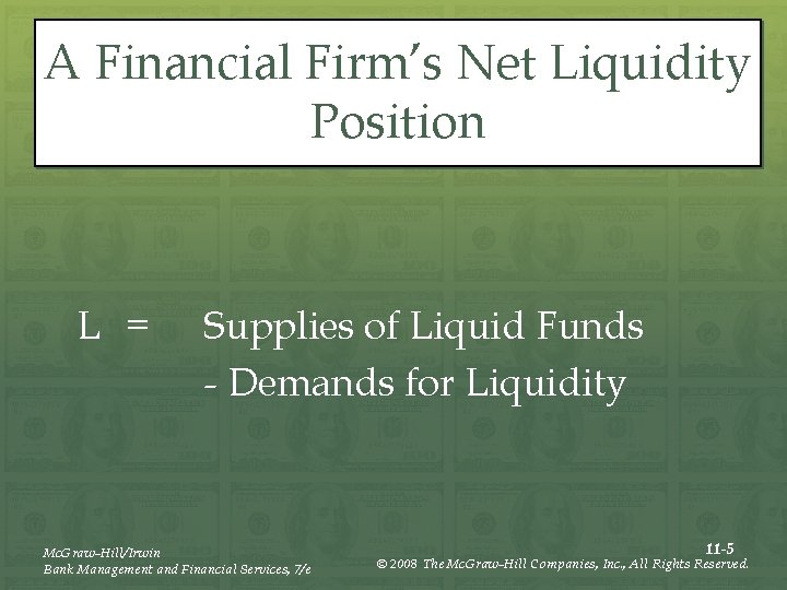 A Financial Firm’s Net Liquidity Position L = Supplies of Liquid Funds - Demands