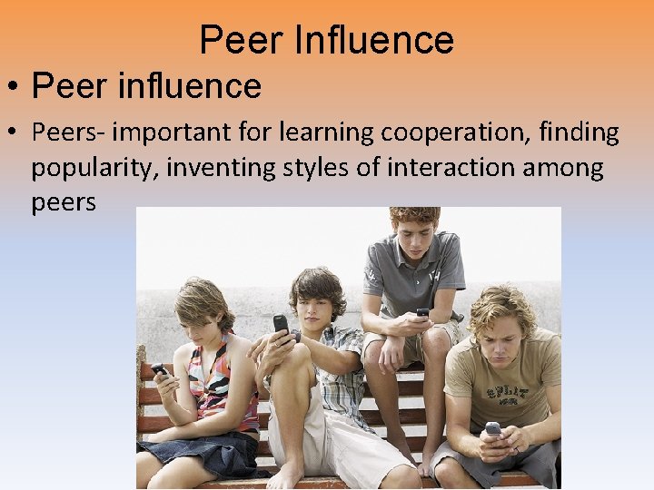 Peer Influence • Peer influence • Peers- important for learning cooperation, finding popularity, inventing