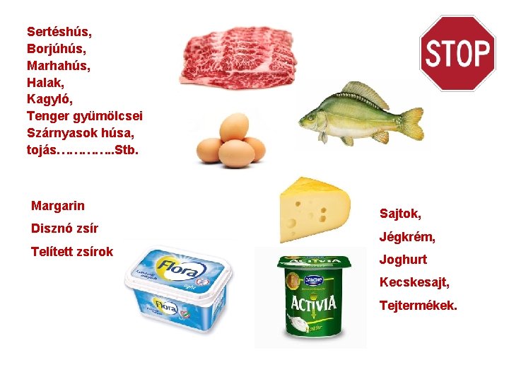 Sertéshús, Borjúhús, Marhahús, Halak, Kagyló, Tenger gyümölcsei Szárnyasok húsa, tojás…………. . Stb. Margarin Disznó