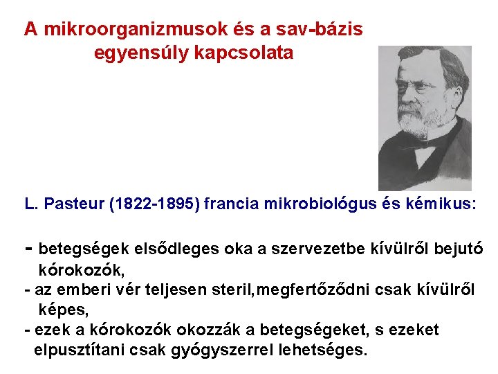 A mikroorganizmusok és a sav-bázis egyensúly kapcsolata L. Pasteur (1822 -1895) francia mikrobiológus és