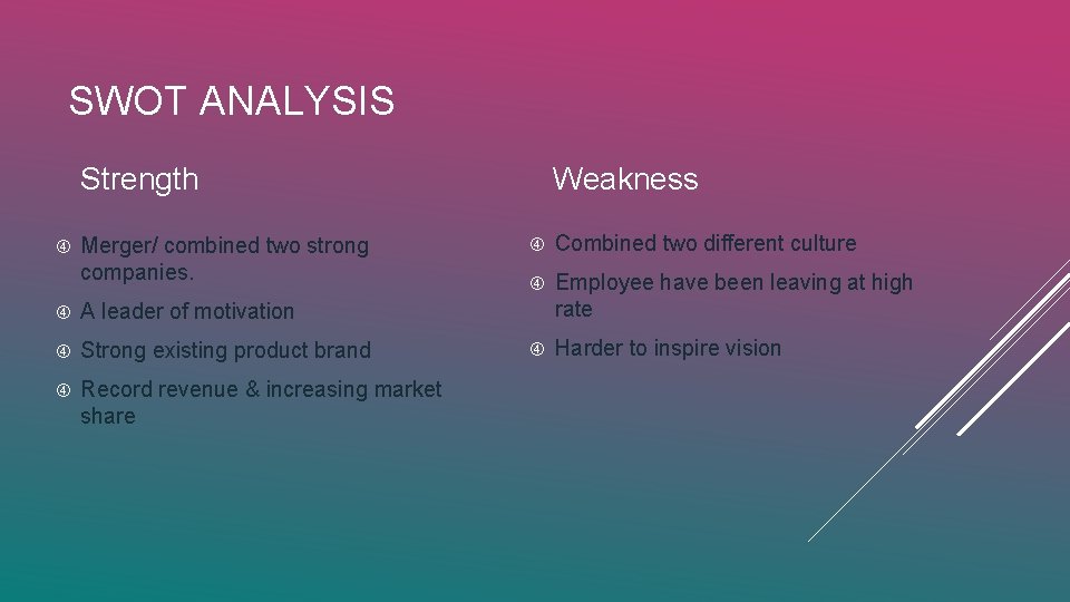 SWOT ANALYSIS Strength Merger/ combined two strong companies. A leader of motivation Strong existing