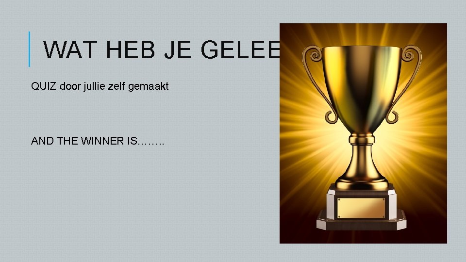 WAT HEB JE GELEERD? QUIZ door jullie zelf gemaakt AND THE WINNER IS……. .