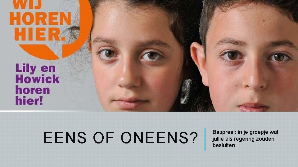 EENS OF ONEENS? Bespreek in je groepje wat jullie als regering zouden besluiten. 