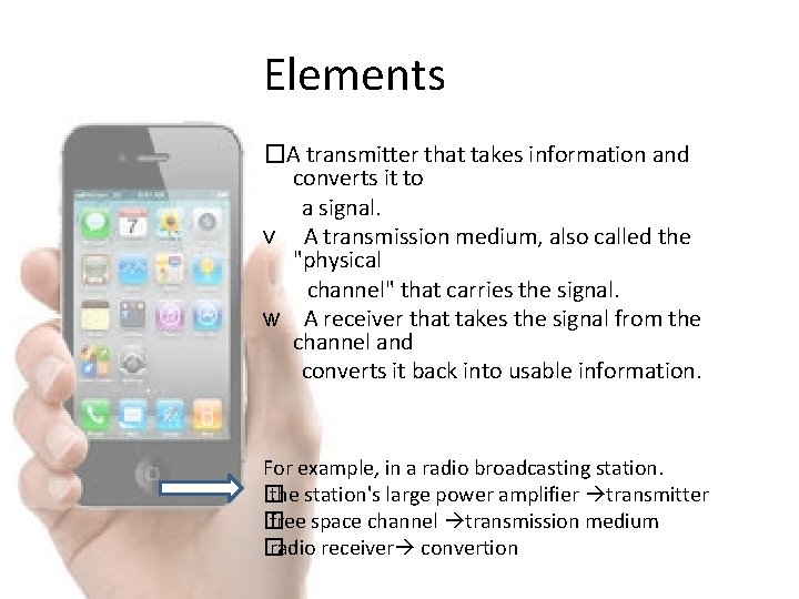 Elements �A transmitter that takes information and converts it to a signal. v A