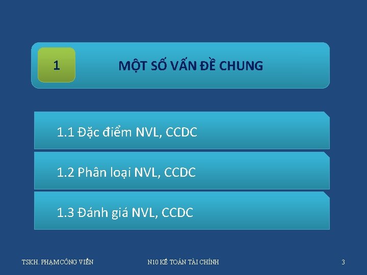 1 MỘT SỐ VẤN ĐỀ CHUNG 1. 1 Đặc điểm NVL, CCDC 1. 2 1 MỘT SỐ VẤN ĐỀ CHUNG 1. 1 Đặc điểm NVL, CCDC 1. 2
