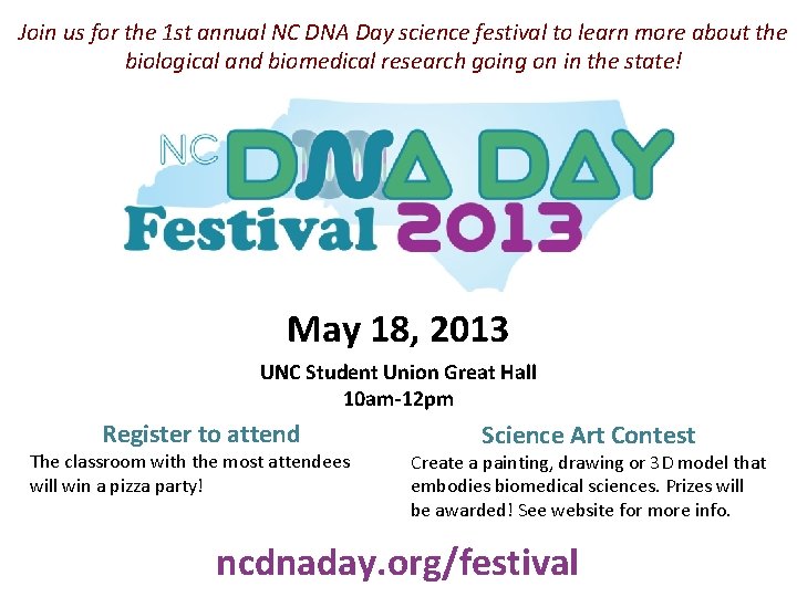 Join us for the 1 st annual NC DNA Day science festival to learn