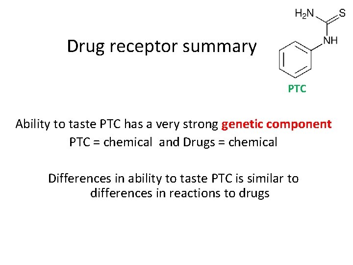 Drug receptor summary PTC Ability to taste PTC has a very strong genetic component