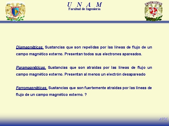 U N A M Facultad de Ingeniería Diamagnéticas. Sustancias que son repelidas por las