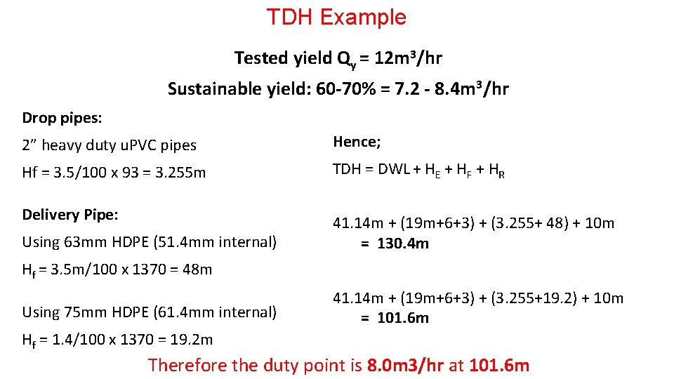 TDH Example Tested yield Qy = 12 m 3/hr Sustainable yield: 60 -70% = TDH Example Tested yield Qy = 12 m 3/hr Sustainable yield: 60 -70% =
