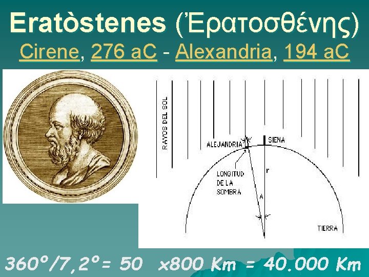 Eratòstenes (Ἐρατοσθένης) Cirene, 276 a. C - Alexandria, 194 a. C 360º/7, 2º= 50