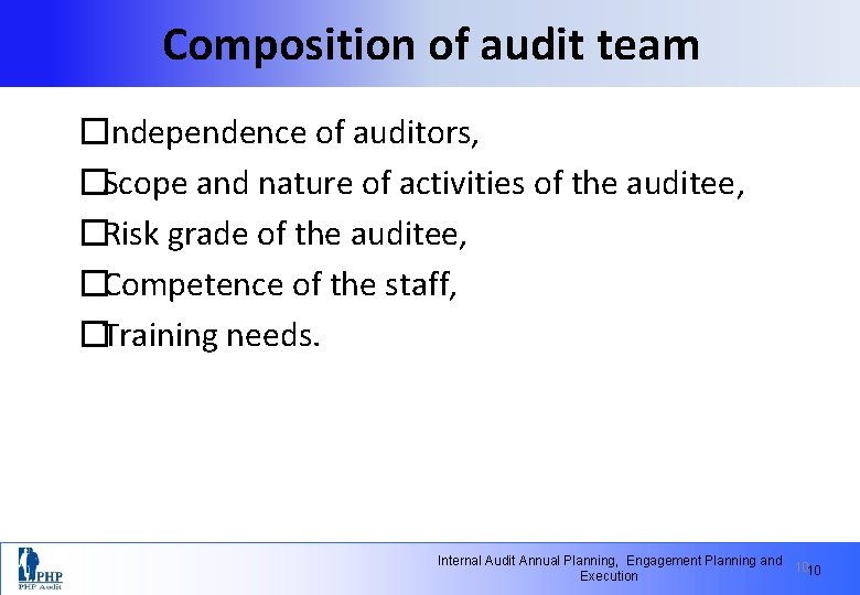 Composition of audit team �Independence of auditors, �Scope and nature of activities of the