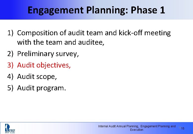 Engagement Planning: Phase 1 1) Composition of audit team and kick-off meeting with the