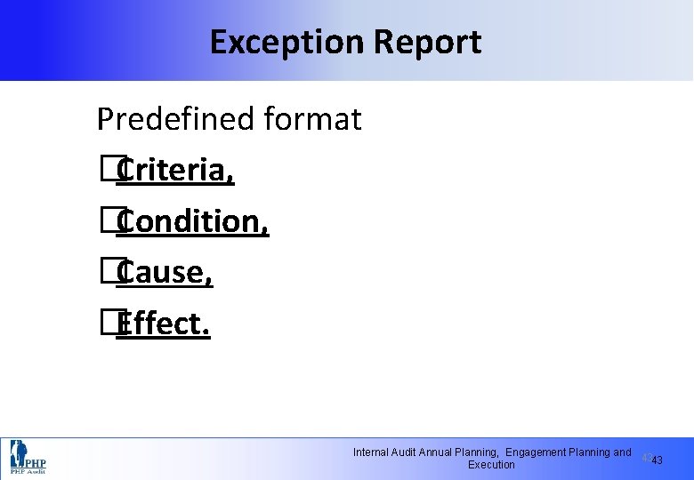 Exception Report Predefined format �Criteria, �Condition, �Cause, �Effect. Internal Audit Annual Planning, Engagement Planning