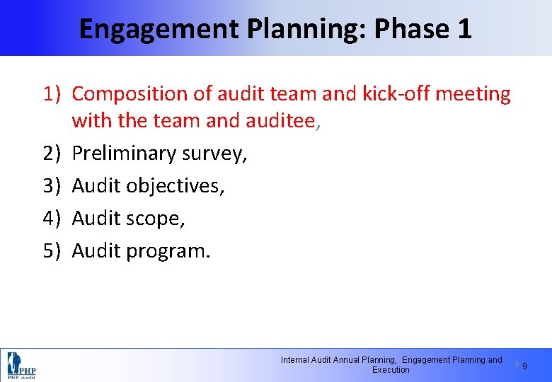 Engagement Planning: Phase 1 1) Composition of audit team and kick-off meeting with the