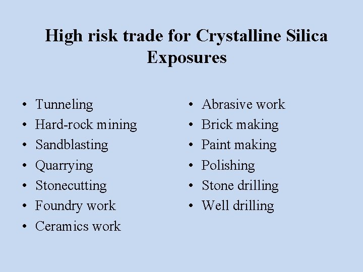 High risk trade for Crystalline Silica Exposures • • Tunneling Hard-rock mining Sandblasting Quarrying