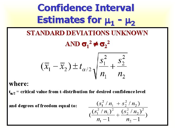 Confidence Interval Estimates for 1 - 2 STANDARD DEVIATIONS UNKNOWN AND 12 22 where: