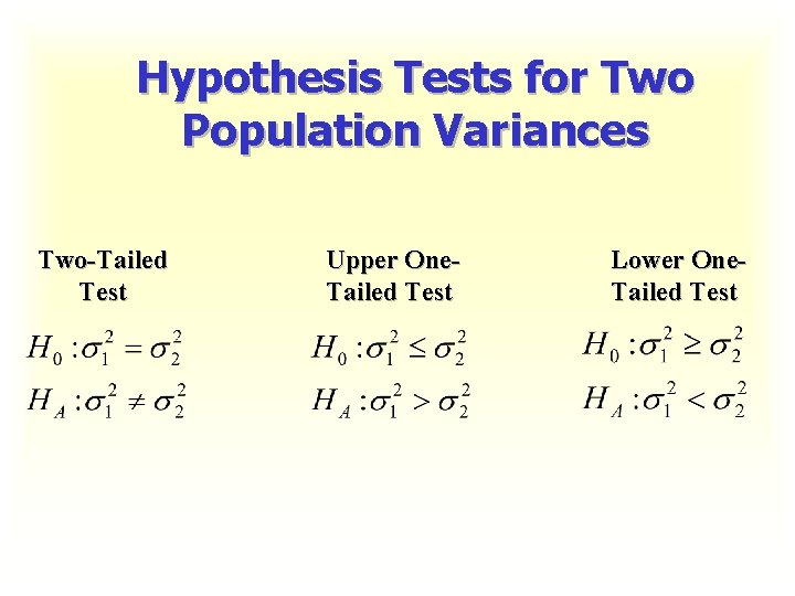 Hypothesis Tests for Two Population Variances Two-Tailed Test Upper One. Tailed Test Lower One.