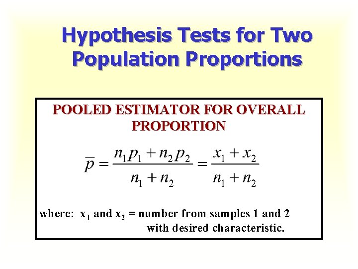 Hypothesis Tests for Two Population Proportions POOLED ESTIMATOR FOR OVERALL PROPORTION where: x 1
