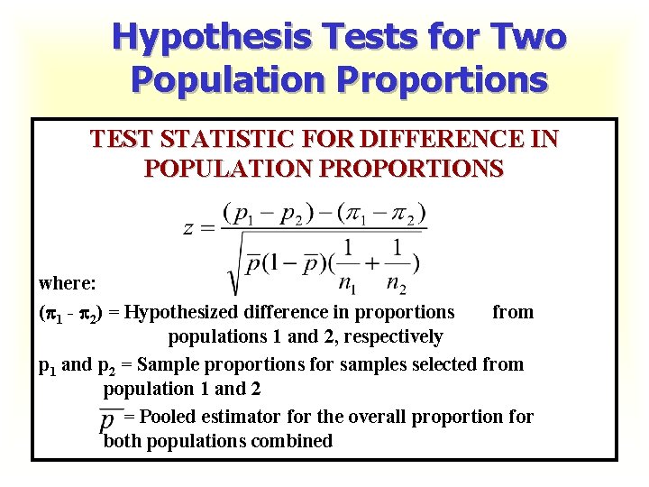 Hypothesis Tests for Two Population Proportions TEST STATISTIC FOR DIFFERENCE IN POPULATION PROPORTIONS where: