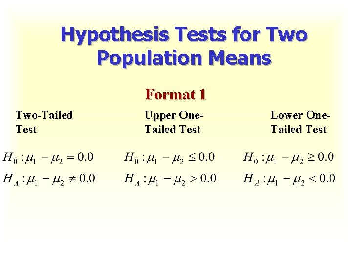 Hypothesis Tests for Two Population Means Format 1 Two-Tailed Test Upper One. Tailed Test