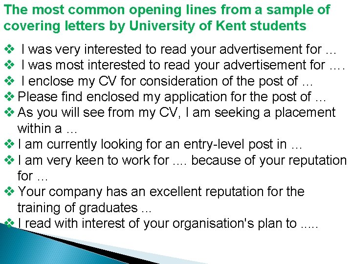 The most common opening lines from a sample of covering letters by University of