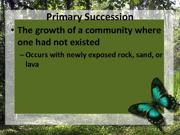 Primary Succession • The growth of a community where one had not existed –