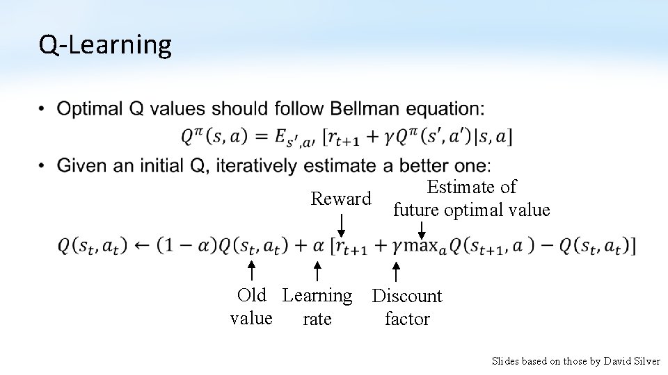 Q-Learning • Reward Estimate of future optimal value Old Learning Discount value rate factor