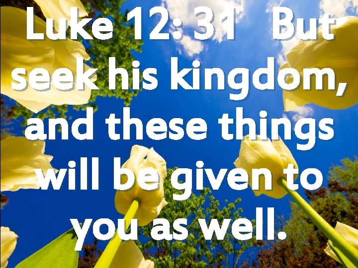 Luke 12: 31 But seek his kingdom, and these things will be given to