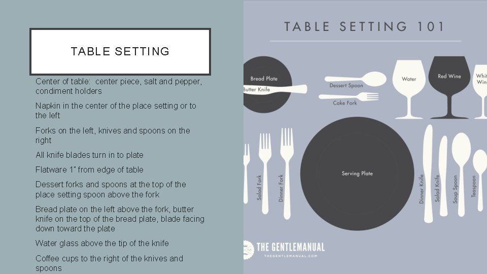 TABLE SETTING Center of table: center piece, salt and pepper, condiment holders Napkin in