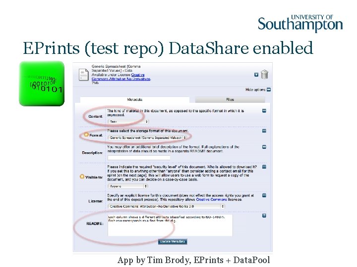 EPrints (test repo) Data. Share enabled App by Tim Brody, EPrints + Data. Pool