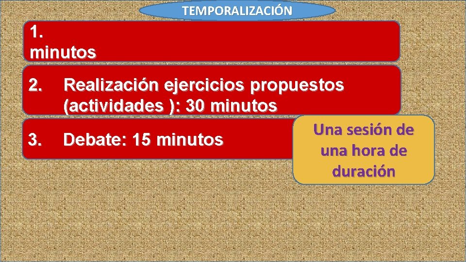 TEMPORALIZACIÓN 1. minutos 2. 3. Realización ejercicios propuestos (actividades ): 30 minutos Una sesión