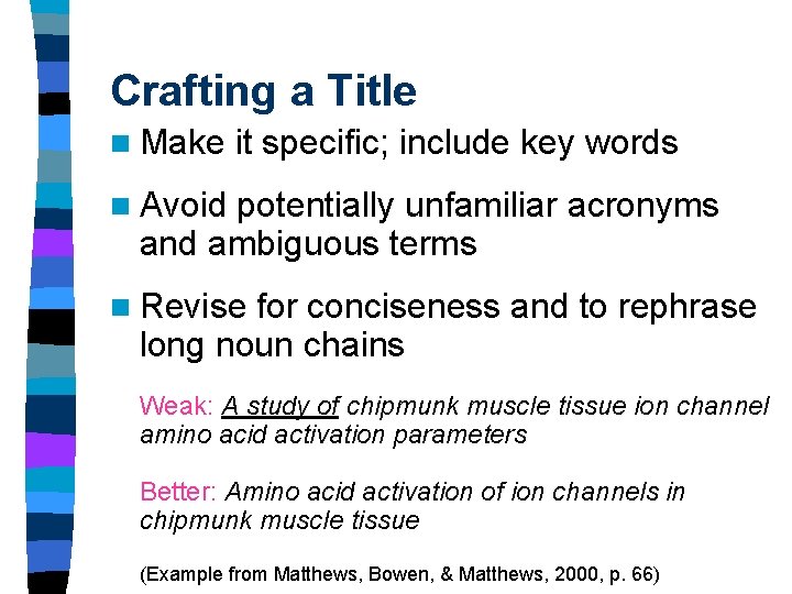 Crafting a Title n Make it specific; include key words n Avoid potentially unfamiliar Crafting a Title n Make it specific; include key words n Avoid potentially unfamiliar